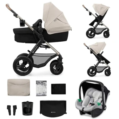 Immagine di Kinderkraft MOOV2 Trio passeggino neonati 3 in 1 fino 26 kg, con Ovetto I SIZE 40 75 cm, Carrozzina reversibile fronte mamma e strada, Schienale regolabile, Ruote gonfiabili, Grigio