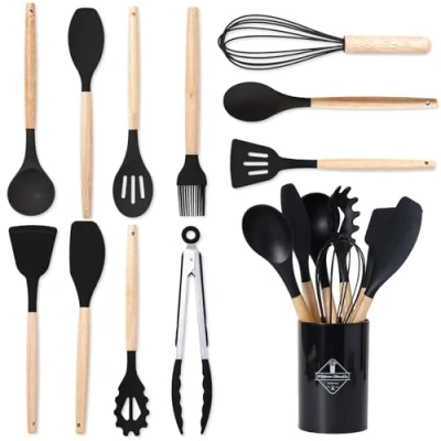 Immagine di BASVII 12 Pezzi Set Utensili Cucina Silicone con Porta Mestoli da Realizzato Utilizzo e Manici in Legno, Resistenti al Calore Antiaderenti (Nero)
