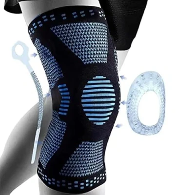 Immagine di Ginocchiere per donna/uomo, ginocchiera medica corsa, compressa, con cuscinetti rotula, stabilizzatori laterali, lacerazione del menisco, artrite, ACL, basket, sport, blu, XL