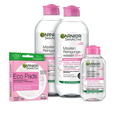 Immagine di Garnier SkinActive, set micellare, 2 x 400 ml + 1 mini 125 ml, detergente Mizellar, riutilizzabile, Eco Pads per la pulizia del viso pelli normali e sensibili