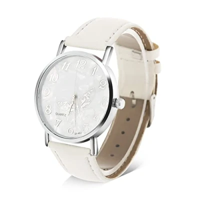Immagine di DAUERHAFT orologio analogico da donna, alla moda, al quarzo, con cinturino in pelle PU, quadrante a forma di farfalla, polso donna (bianco)