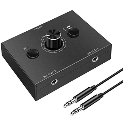 Immagine di ESmoda Commutatore audio da 3,5 mm, 2 ingressi 1 uscita/1 ingresso uscite splitter switcher, scatola di commutazione audio, pulsante mute one key