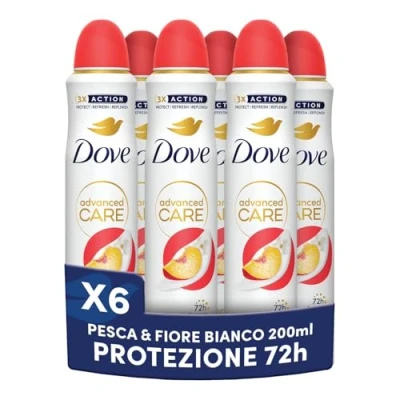Immagine di Dove Deodorante Spray Advanced Care Go Fresh Pesca, con Formula Idratante e Delicata sulla Pelle, Senza Alcol, Pelle Asciutta Fino a 72 Ore, Uomo Donna, 6 Pezzi da 200ml