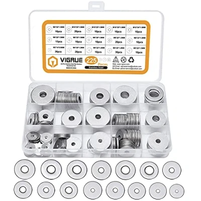 Immagine di VIGRUE Set di 225 rondelle piatte in acciaio inox, 7 misure M3 M4 M5 M6 M8 M10 M12