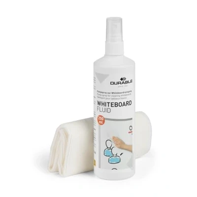 Immagine di Durable 583300 Whiteboard Cleaning Kit, set per la pulizia di lavagne bianche, 1 flacone detergente da 250 ml e panno in microfibra 25x25 cm