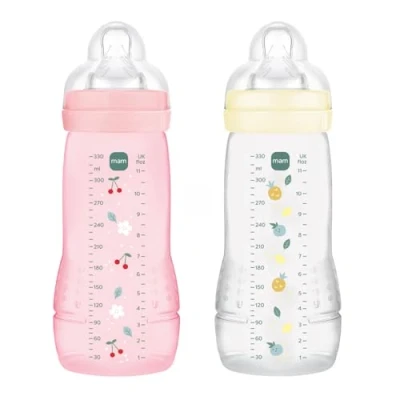 Immagine di MAM Biberon Easy Active 6+ mesi colore bacche + perla (confezione da 2 X 330 ml) con ciuccio in silicone a flusso velocità ultra veloce per bambini chiusura ermetica