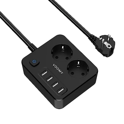 Immagine di VOOMY Ciabatta Multipresa Salvaspazio con USB, Multiprese Elettriche 2 Schuko e 4 Presa Interruttore Automatico di Protezione (4000W), Nero