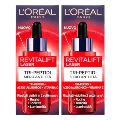 Immagine di L&#039;Oréal Paris Siero Revitalift Laser Tri Peptidi Pelle Idratata Elastica Anti Età Rimpolpante con Acido Ialuronico e Vitamina C 2 Flaconi da 30ml