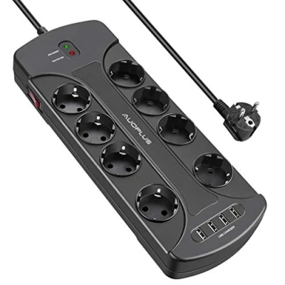 Immagine di AUOPLUS multiple prese con 8 di corrente e 4 porte USB, multipla intelligente protezione da sovratensione interruttori, cavo 2 m, 3680 W/16 A, nero