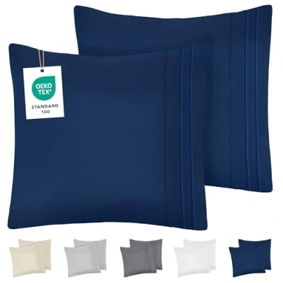 Immagine di Dreamzie Federe Cuscino Letto 65x65 (Set 2) in Microfibra con Motivo Ricamato Oeko Tex Certificazione Federa Cuscini Morbido Blu Scuro