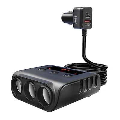 Immagine di Sdoppiatore presa accendisigari per Auto 180W,9in1 multipresa 12/24V QC 3.0 USB C Splitter Accendisigari, Caricabatteria 6 Porte &amp; 3 Prese GPS Dash Cam, Cellulare