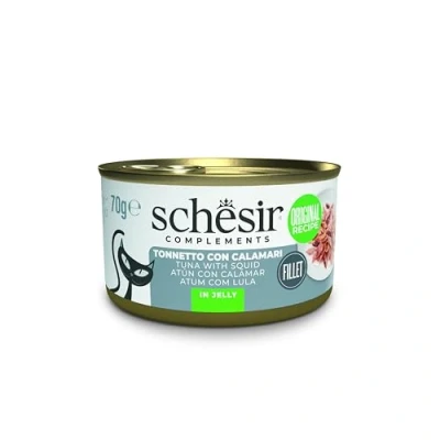 Immagine di Schesir, Filetti di Tonno con Calamari in Gelatina, Cibo Umido Complementare per Gatti, Ricetta Originale, 100% Naturale, 12 lattine da 70g