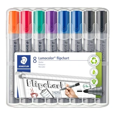 Immagine di Staedtler Lumocolor 356 Pennarello Per Lavagna A Fogli Mobili, Punta Rotonda 2 Mm, Set Con 8 Pennarelli, Blocchi Flipchart, Colori Intensi, Inodore, Multicolore