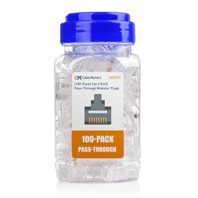 Immagine di Cable Matters Confezione da 100 connettori RJ45 Pass Through Cat 6 (RJ45 Connettori/Connettore Cat6/Connettori Cat6/Ethernet) per cavo Ethernet UTP solido o incagliato