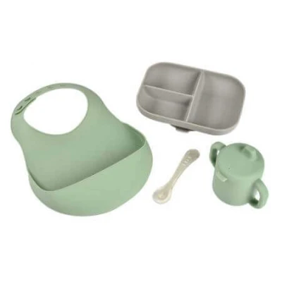 Immagine di BÉABA, Scatola per pranzo silicone, Set pappa bambini, Stoviglie in Bavaglino Cucchiaio, Tazza Piatto a scomparti, Velluto verde salvia/grigio