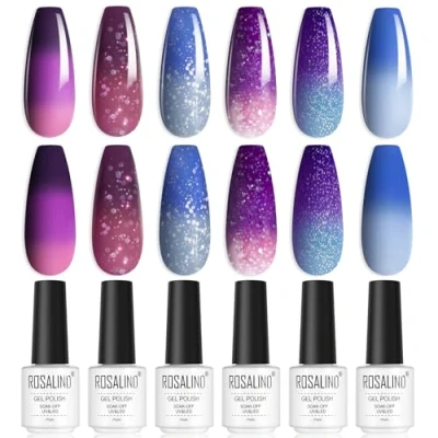 Immagine di ROSALIND Smalto Semipermanente Unghie, Termico Temperatura Cambio di Colore Glitter Blu Viola Rosa 6 Colori Smalti Semipermanenti per Unghie Soak Off Gel UV Principianti Nail Art