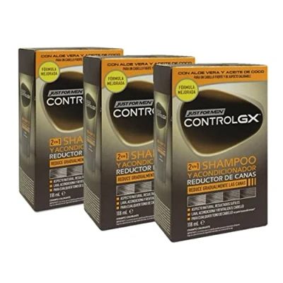 Immagine di Just for men Control GX Grey Reducing 2 in 1 Shampoo e balsamo per capelli grigi, nuova formula migliorata, tutte le sfumature, 118 ml x 3 unità Pack Promoo
