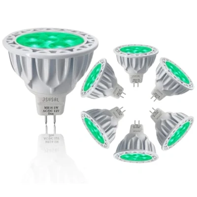 Immagine di JSVSAL Lampadine a LED verdi MR16 GU5.3 con base bi pin, 5 W, dimmerabili, equivalenti alogene da 35 W 50 AC/DC 12 V bassa tensione, faretti 40 gradi per illuminazione paesaggistica, cortile,