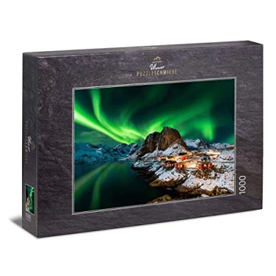 Immagine di Ulmer Puzzleschmiede puzzle &quot;aurora boreale&quot; 1000 pezzi Aurora boreale sopra il villaggio di pescatori Hamnoy, Lofoten, Norvegia
