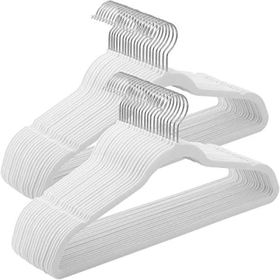 Immagine di SONGMICS Grucce Velluto 50 Pezzi, Appendiabiti Lunghe 41,5 cm, Salvaspazio, Capacità di Carico Elevata, Gancio Girevole a 360, Cappotti Camicie Completi, Bianco e Argento CRF026W04
