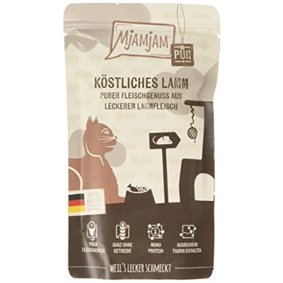 Immagine di MjAMjAM cibo umido premium per gatti Quetschie puro piacere di carne delizioso agnello, confezione da 12 (12 x 125 g), senza cereali con extra