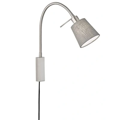 Immagine di Fischer &amp; Honsel Flex, lampada da letto, colore nichel, opaco, paralume in tessuto, grigio, interno bianco, larghezza: 11,00 cm, altezza: 40,00 sporgenza: 35,00 con interruttore a corda, 1