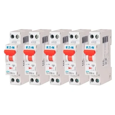 Immagine di EATON 264744 PLG4 C10/1N DISJONTORE MODULARE PH/N Bianco MANETTA ROSSO 1P+N / 10 a Curva C Connessione vite 5 interruttori