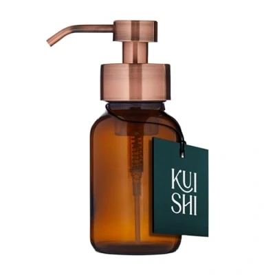 Immagine di Dispenser di sapone liquido schiumogeno in vetro ambrato Kuishi con pompa bronzo, bottiglia riciclato da 250 ml, contenitore protettivo UV, bronzo senza BPA