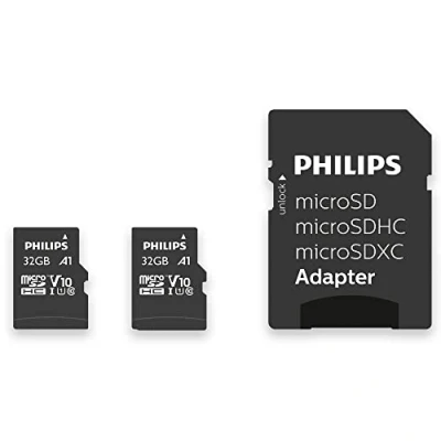 Immagine di Philips Scheda MicroSD da 32 GB, fino a 80 MB/s (R), MicroSDHC con adattatore SD A1 / U1 C10 V10, confezione 2 pezzi, modello n. FM32MP45D