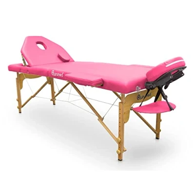 Immagine di QUIRUMED Lettino pieghevole in legno Pro, 194 x 70 cm, con schienale ribaltabile, colore rosa, ecopelle, foro viso, testa rimovibile, altezza regolabile, fino a 150 kg