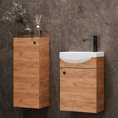 Immagine di Planetmöbel Mobile da bagno Midi 32 cm stretto con lavabo bagno, rovere oro, 3 parti
