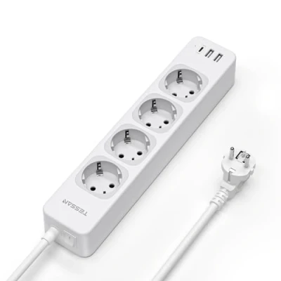 Immagine di TESSAN 4 Prese Ciabatta Multipresa con USB C, 7 in 1 Elettrica Prolunga 2 Metri, 3 Interruttore, 3600W di Corrente Montaggio a Parete