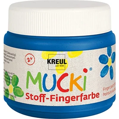 Immagine di KREUL 28104 Mucki vernice per dita in tessuto brillante, 150 ml blu, senza parabeni, glutine, lattosio e vegan, ideale l&#039;uso con le mani
