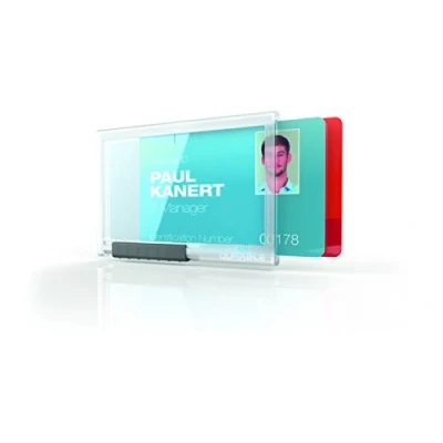 Immagine di Durable 892119 Portabadge Pushbox Duo, 2 tessere, comparti separati, levette scorrevoli, asola robusta, trasparente, confezione da 10 pezzi