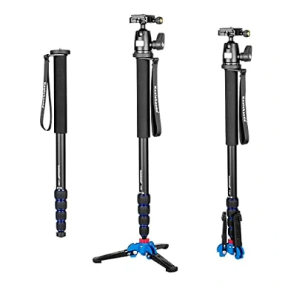 Immagine di koolehaoda Monopiede in alluminio per fotocamera con base di supporto treppiede A1 e testa a sfera K 09 videocamera DSLR. Altezza massima estesa 175 cm
