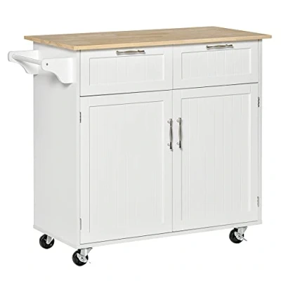 Immagine di HOMCOM Isola Cucina con Piano di Lavoro in Legno Caucciù, Carrello Ruote, 2 Cassetti, Armadietto, Ripiani Regolabili e Porta Asciughini, MDF, 104x46x91cm, Bianco