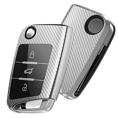 Immagine di OATSBASF Auto Caso Chiave VW,Copertura VW Golf 7,Car Key Case per Polo Skoda Seat 3 pulsanti (Argento Stripe)