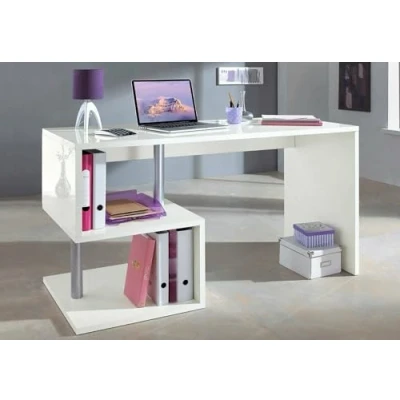 Immagine di Dmora Scrivania Moderna ad Esse per Ufficio e Studio con scaffale, Made in Italy, Tavolo da Computer, Scrittoio Porta PC, cm 140x60h78, Colore Bianco Lucido, Medium