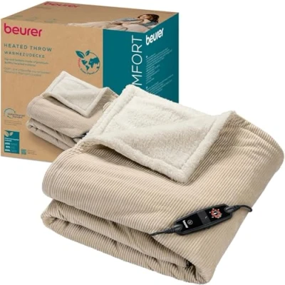 Immagine di Beurer coperta termica elettrica HD 80 Cord beige con 6 livelli di temperatura, materiali riciclati, spegnimento automatico e sistema sicurezza, in morbido tessuto a coste alla moda