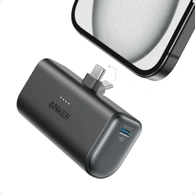Immagine di Anker Nano Power Bank Ricarica Rapida, 5000 mAh, 22,5 W, Connettore USB C Pieghevole Integrato, Compatibile con iPhone 16, serie Samsung S22/23, Note20/10, Huawei, iPad e molto altro (Nero)