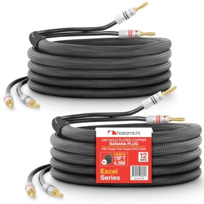 Immagine di Nakamichi Excel Series Connettore Banana Placcato in Oro 24k con Cavo degli Altoparlanti Rame Senza Ossigeno al 99.9% (OFC) Intrecciato Certificato CL2 Nero (12AWG / 15ft 4,5m) 2 Pacchi