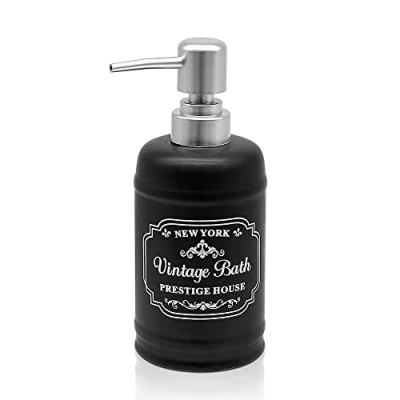 Immagine di Inbagno Dispenser Sapone Liquido Bagno in Ceramica Nera con Stampe a Contrasto Bianche, Stile Vintage Shabby, capacità 400 ml