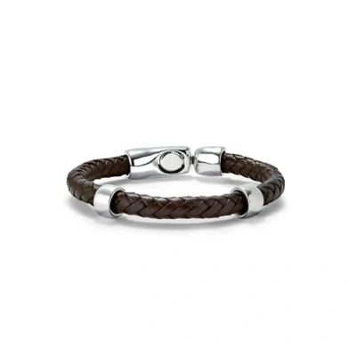 Immagine di Bracciale cuoio intrecciato con 2 circonferenze placcate argento sterling