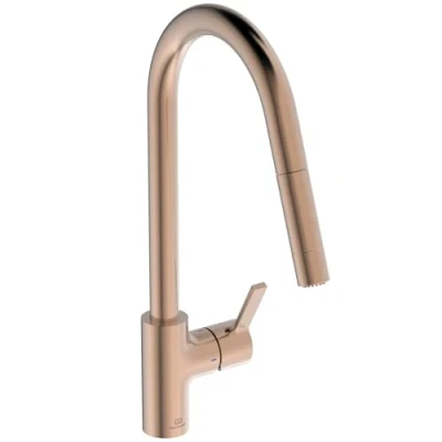 Immagine di Ideal Standard Gusto, Miscelatore monocomando per lavello da cucina, Bocca alta tubolare con doccetta orientabile ed estraibile a due funzioni, Sunset Rose