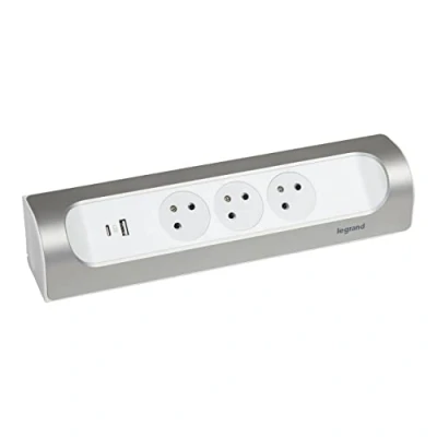 Immagine di LEGRAND Multipresa angolare da cavo 3 prese di superficie con terra + presa USB C A Installazione orizzontale o verticale Bianco e alluminio