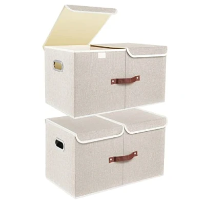 Immagine di TYEERS Extra Grandi Scatole Portaoggetti a Scomparti, Tessuto, Pieghevole, Contenitore 55x33x30 cm, Set di 2, Beige