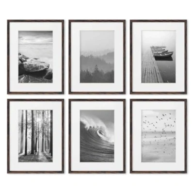 Immagine di PHOTOLINI Set di 6 cornici per poster 30x40 cm con passe partout 20x30 legno MDF rovere scuro, plexiglass infrangibile, da parete, accessori inclusi foto, immagini e
