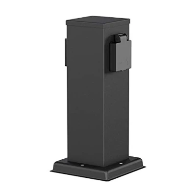 Immagine di ledscom.de Colonna di presa da giardino POLLY per esterni, IP44, a 2 vie, acciaio inox, plastica, nero, angolare, 27 cm, corrente esterno, giardino, torre