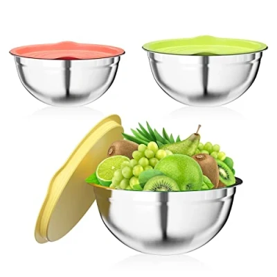 Immagine di Newpop 3 Pezzi ciotole cucina, Insalatiera in Acciaio Inossidabile con Coperchio Ermetico Colorato, 2.5L/2L/1.4L Ciotola Impilabili Metallo, Lavabili Lavastoviglie, insalatiere mescolare