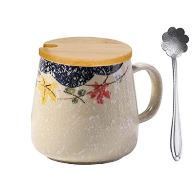 Immagine di Tazza da Caffè con Coperchio,Tazza latte in Ceramica Cappuccino 400 ml,Tazza Giapponese Dipinta a mano Tazza,Tazza Tè
